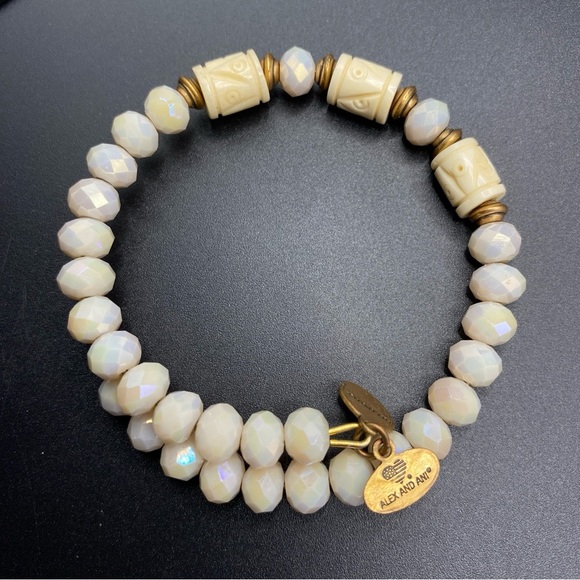 ALEX & ANI Bracelet Gold Tone Vintage Sixty-Six Faceted Cream Beads Faux Ivory - Picture 4 of 6